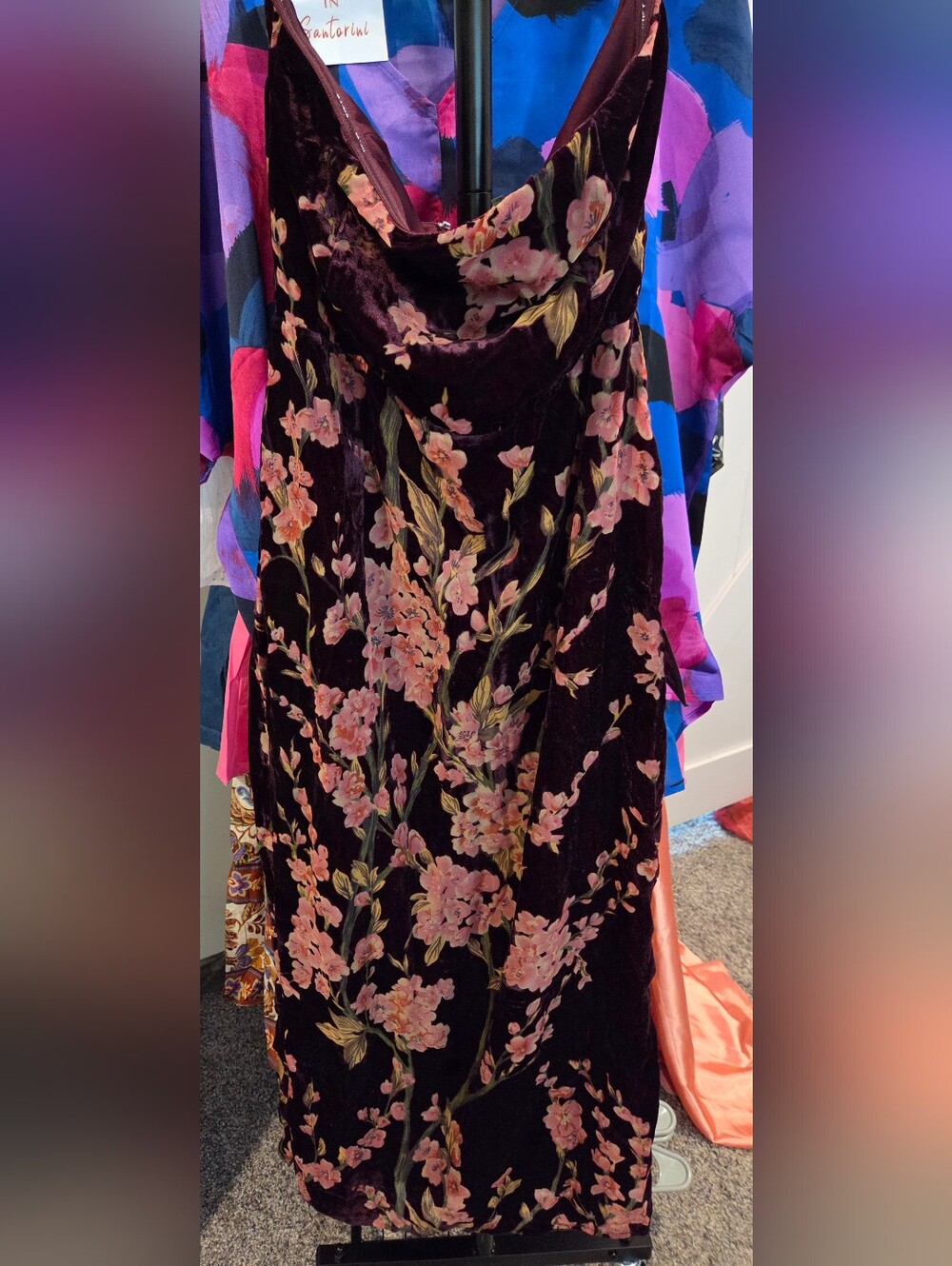 Lulu's Plum Velvet Floral Strapless Dress with Pink Blossoms